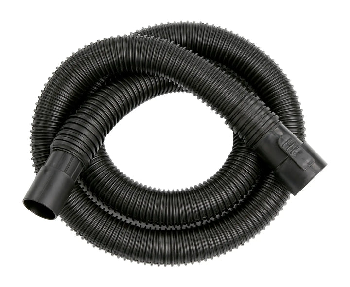 A coiled black flexible corrugated hose with connectors on both ends, typically used for vacuum cleaners or similar equipment.