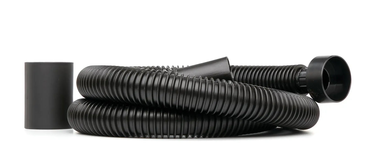 Photo of Craftsman vacuum hose CMXZVBE38762, black flexible ribbed plastic, coiled with connector fittings on white background.