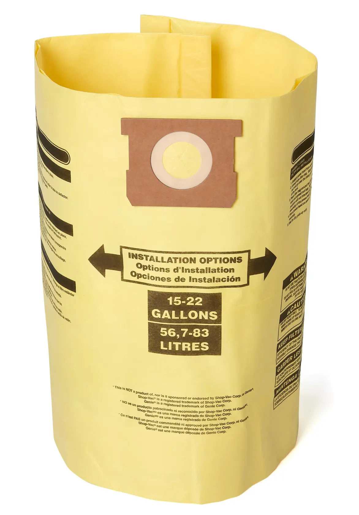 A yellow vacuum cleaner dust collection bag with printed installation instructions and capacity information, designed for 15-22 gallon shop vacs. The top front of the bag has a circular cardboard collar for attachment.