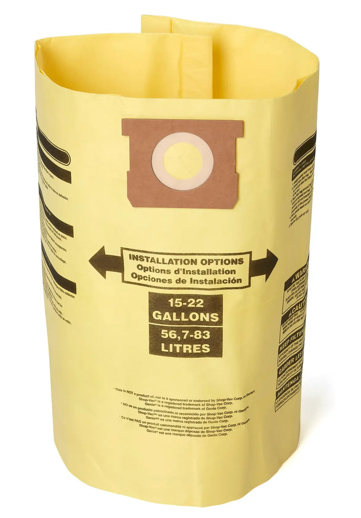 A yellow vacuum cleaner dust collection bag with printed installation instructions and capacity information, designed for 15-22 gallon shop vacs. The top front of the bag has a circular cardboard collar for attachment.