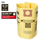 Craftsman vacuum bag CMXZVBE38769, yellow, fits Shop-Vac 15-22 gallon wet/dry vacs, side angle, photo.