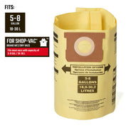 Craftsman CMXZVBE38775 yellow vacuum dust collection bag for Shop-Vac 5-8 gallon wet/dry vacs, front angle.