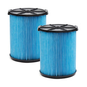 Two cylindrical blue pleated filters with black plastic end caps, placed side by side on a white background.