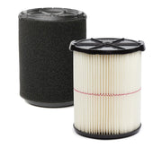 Two cylindrical air filters are shown. One filter has a black foam exterior, and the other has a white pleated paper exterior with a red line running horizontally around it. Both filters have black plastic end caps.
