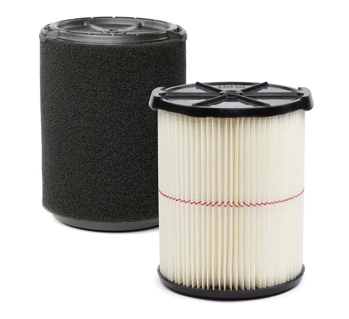 Two cylindrical air filters are shown. One filter has a black foam exterior, and the other has a white pleated paper exterior with a red line running horizontally around it. Both filters have black plastic end caps.