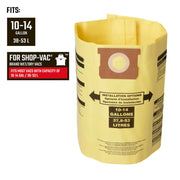 Craftsman yellow vacuum filter bag CMXZVBE3877, fits Shop-Vac 10-14 gallon wet/dry vacs, front angle photo.
