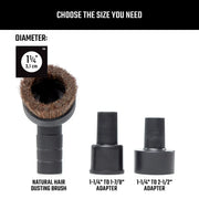 Craftsman CMXZVBE38785 natural hair dusting brush and two black plastic adapters, front angle, white background.