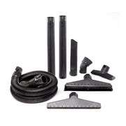A set of black vacuum cleaner accessories including two extension tubes, a flexible hose, a crevice tool, a round brush attachment, two floor cleaning attachments, and a small nozzle attachment, arranged on a white surface.