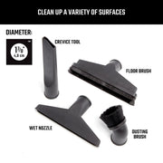 Photo of Craftsman CMXZVBE38803 vacuum accessory kit with crevice tool, floor brush, wet nozzle, dusting brush, top view.