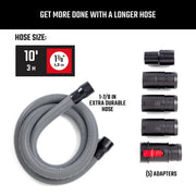 Craftsman CMXZVBE38804 graphics showing 10 ft flexible hose with five black adapters, photographed top view.