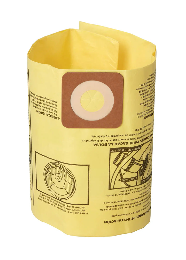 DeWalt vacuum filter bag DXVC6912 yellow white background beauty shot front angle