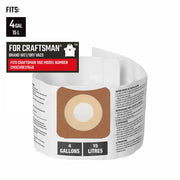 Photo of Craftsman vacuum filter bag, SKU CMXZVBE43271, for 4 gallon wet/dry vacs, front angle on white background.