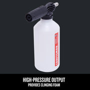 Photo of Craftsman foam cannon with black nozzle and white bottle, CMZPWHPSB200, angled view on dark background.