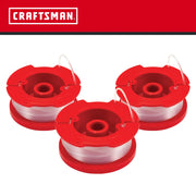 Photo of three Craftsman trimmer line replacement spools, red plastic with clear line, CMZST0653, front view.