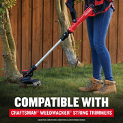 Photo of Craftsman string trimmer SKU CMZST0653 in use on grass near trees, user holding red handle.