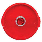 Photo of Craftsman red replacement spool cap, SKU CMZST120SC, circular plastic part with metal ring, top view.