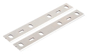 Photo of two Craftsman planer blades, silver, rectangular, with mounting holes, SKU CMZW020-2, front angle.